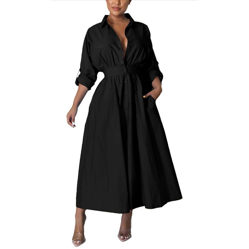 NEW Collar Neck High Waist Flared Button Down Maxi Shirt Dress XL